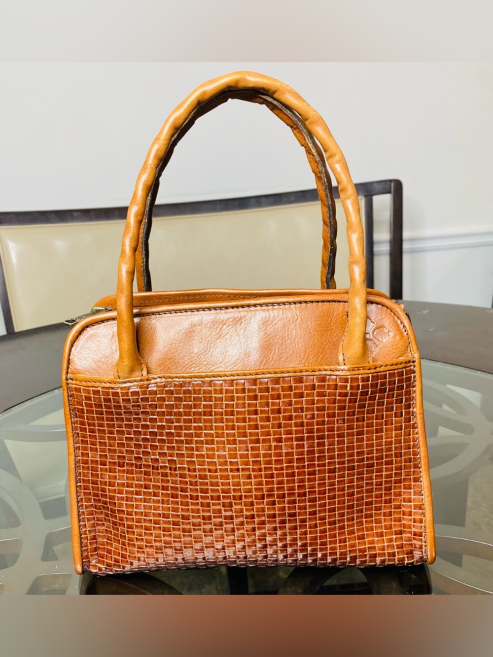 Patricia Nash Vintage Woven Leather Paris Satchel - British Tan Basketweave